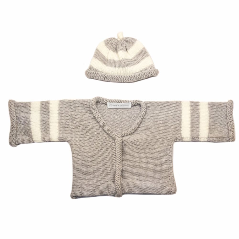 Anitas House Merino Breton Cardigan And Hat 0-6Months / Grey With Ivory Baby Clothing