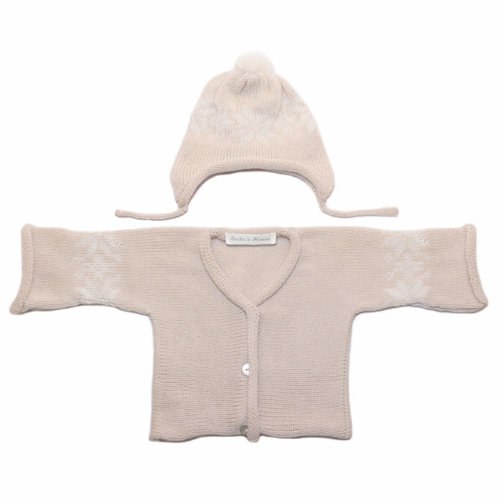 Anitas House Merino Snowflake Cardigan And Pom Hat 0-6Months / Beige Baby Clothing