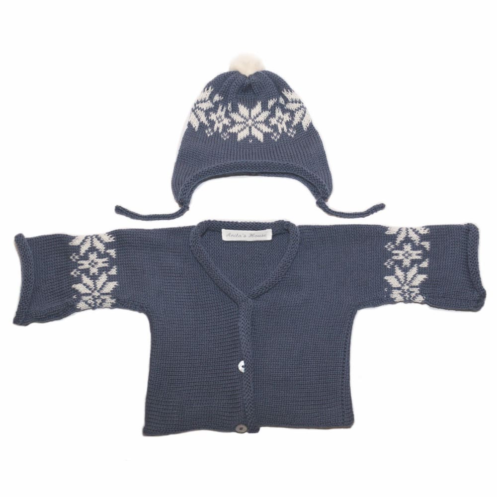 Anitas House Merino Snowflake Cardigan And Pom Hat 0-6Months / Denim Blue Baby Clothing